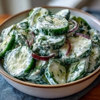 Creamy Cucumber Dill Salad with sliced cucumbers and red onion in tangy dill dressing, perfect for summer picnics.