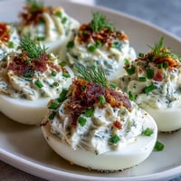 Creamy deviled eggs filled with smoked salmon and topped with everything bagel seasoning, perfect for brunch.