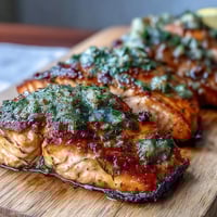 Cedar Plank Salmon with Garlic Dill grilling on smoky cedar planks, herbs and lemon infusing rich aroma.
