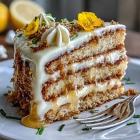 A delightful Spring Cake with edible flowers and bright lemon curd.