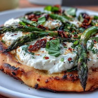Roasted asparagus flatbread with creamy burrata and bright lemon zest, perfect appetizer.