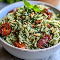 Cold pesto orzo salad with cherry tomatoes, fresh mozzarella, and fragrant basil pesto in a serving bowl.
