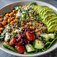 Colorful Ancient Grains Bowl with tender farro and quinoa, plus creamy avocado.