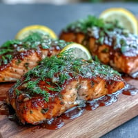 Juicy cedar plank salmon with sweet, smoky maple Dijon glaze, grilled to perfection.